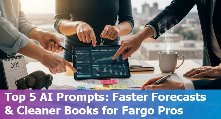 Finance professional in Fargo using AI prompts on a laptop to run forecasts and reconcile ledgers.