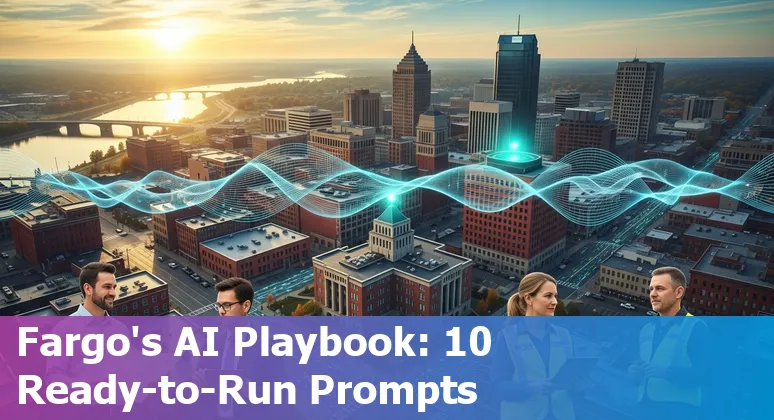 Fargo city skyline with AI icons overlay showing government services, cybersecurity, and data center graphics