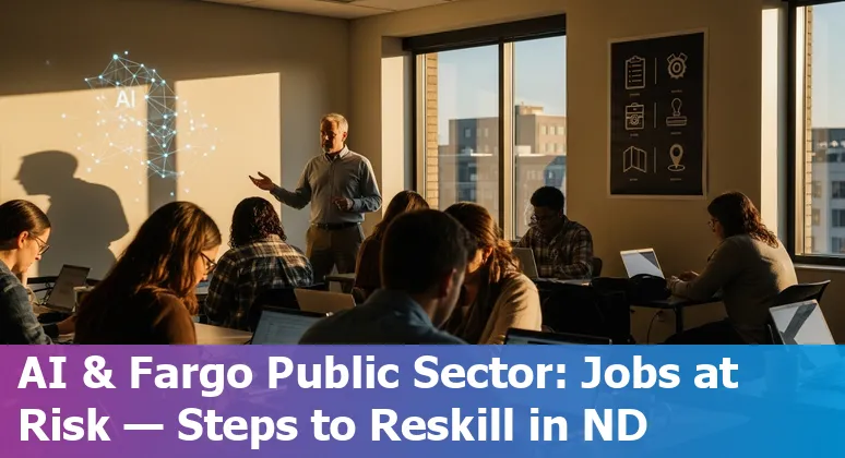 Illustration of Fargo government workers—call center rep, grant writer, ticket agent, clerk, outreach worker—adapting to AI tools