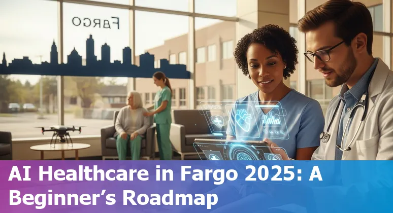 Healthcare AI in Fargo, North Dakota 2025: clinicians reviewing AI-assisted medical imaging with Fargo landmarks in background