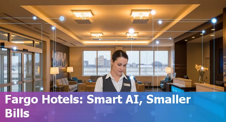 Hotel front desk kiosk with AI scheduling dashboard and Fargo, North Dakota skyline in background