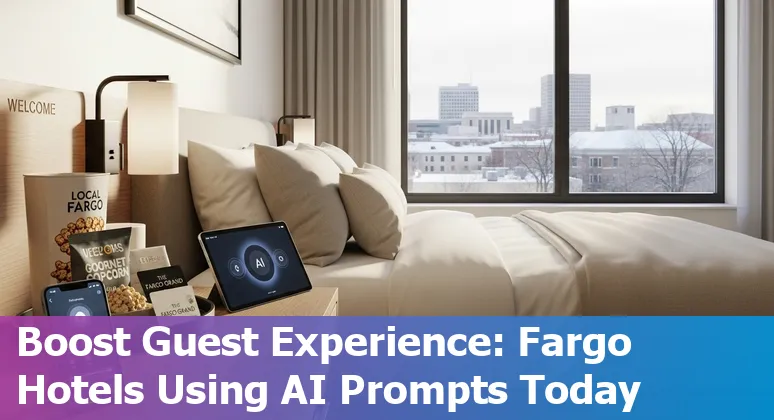 Hotel front desk tablet showing AI prompts with Fargo skyline and snowy streets in background