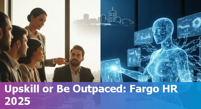 HR professional using AI tools on laptop with Fargo, North Dakota skyline—AI and HR jobs in Fargo, North Dakota in 2025