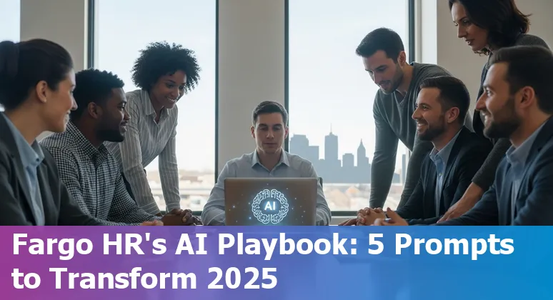HR professional in Fargo using AI prompts on a laptop with Fargo skyline in the background