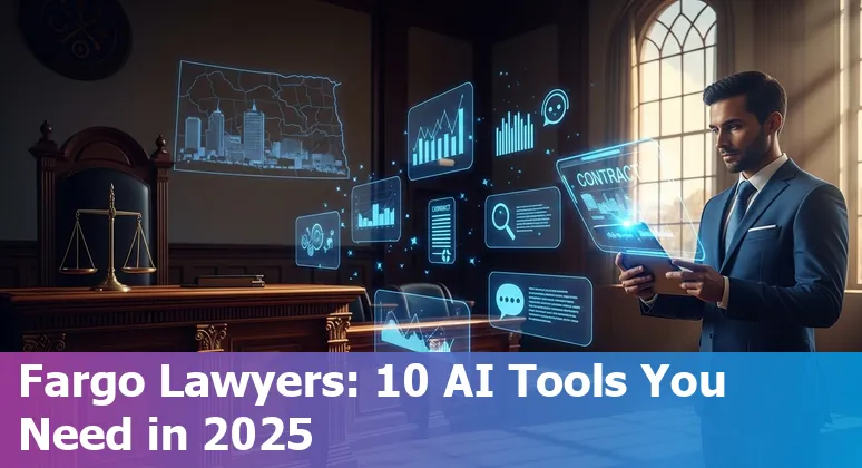 Collage of AI legal tools icons overlaying Fargo skyline with gavel and laptop