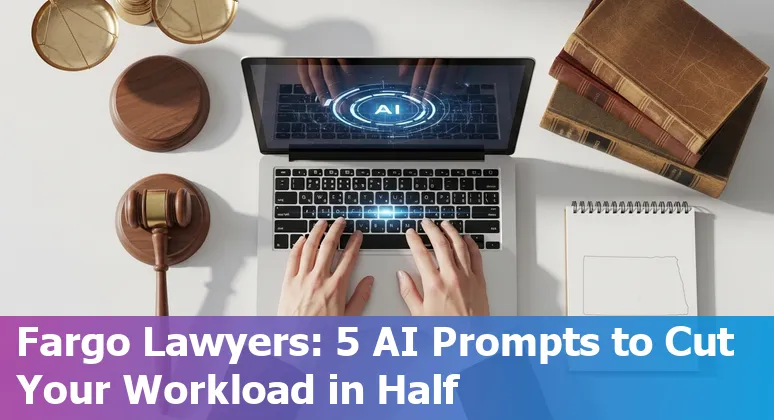 Fargo attorney using AI prompts on a laptop with North Dakota map and legal books nearby.