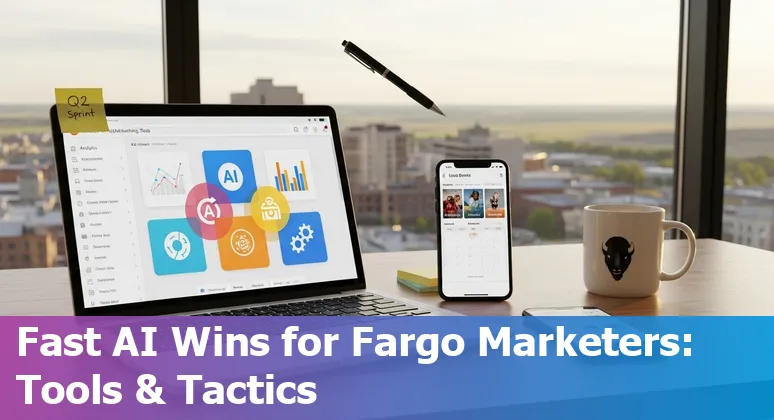 Marketing professional using AI tools on a laptop in Fargo, North Dakota, USA, with local skyline visible