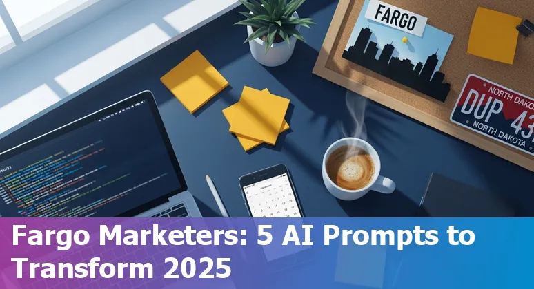 Marketing professional in Fargo using AI prompts on a laptop with Fargo skyline in the background