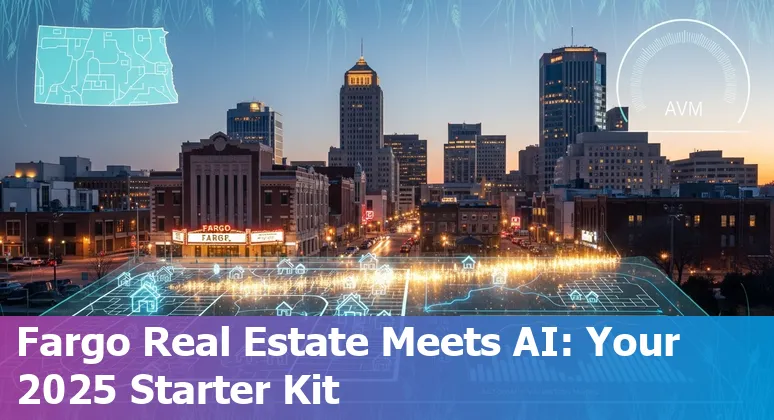 AI in real estate — Fargo, North Dakota skyline with data overlays showing AVM, listings, and flood maps