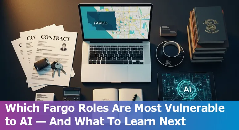 Fargo skyline with real estate icons and an overlay showing AI and upskilling symbols.