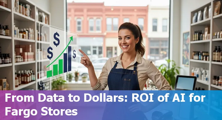 Shopfront in Fargo, North Dakota with AI overlays illustrating inventory, chatbots, and data analytics.