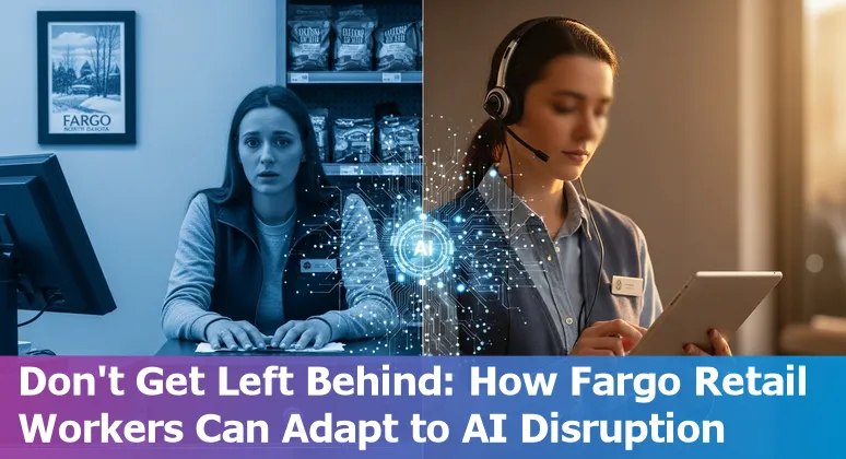 Retail worker using a tablet in a Fargo store, with self-checkout kiosks and shelves in the background.