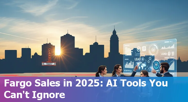 Sales professional using AI sales tools dashboard with Fargo skyline in background