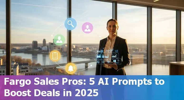 Sales professional using AI prompts on a laptop with Fargo skyline faintly visible in the background.