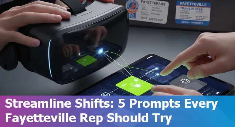 Customer service rep using AI prompts on laptop with Fayetteville skyline in background