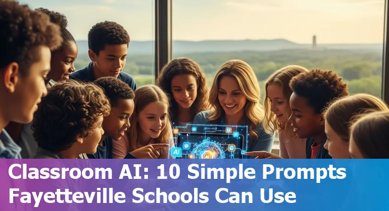 Teachers and students in Fayetteville using AI tools on laptops with University of Arkansas building in background.