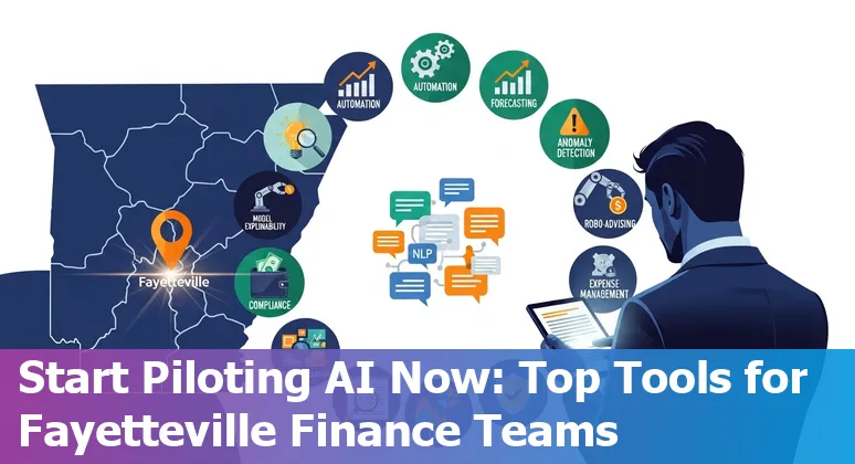 Fayetteville finance professionals using AI tools on laptop screens with local skyline in background