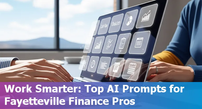 Finance professional using AI prompts on a laptop with Fayetteville skyline in the background