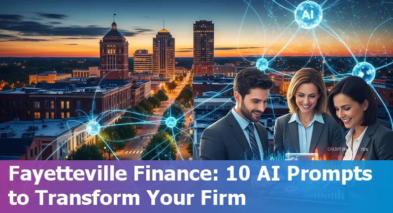 Fayetteville financial services team using AI prompts for customer service, fraud detection, and forecasting on a laptop.