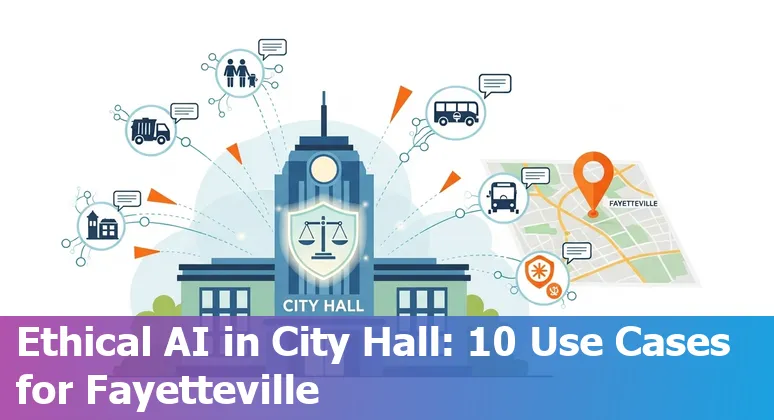 Fayetteville city hall worker using AI prompts on a laptop for permit processing and community outreach.