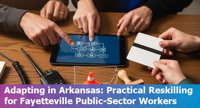 Fayetteville city hall employees collaborating while AI icons hover over clerical and customer service roles