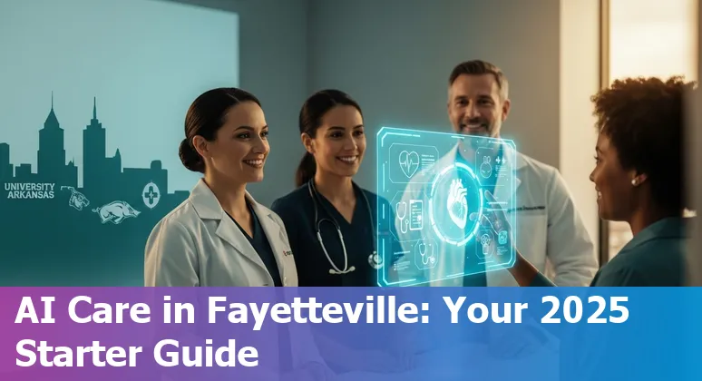 Healthcare AI illustration for Fayetteville, Arkansas, US showing clinicians, data charts, and AI icons