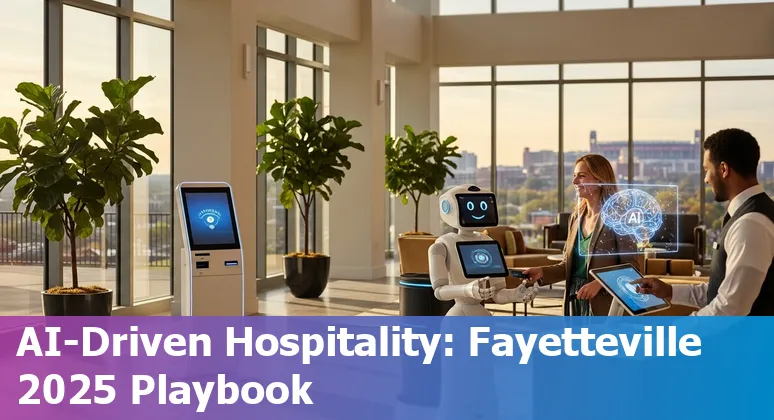 Hotel staff using AI concierge tablet in Fayetteville, AR hotel lobby in 2025