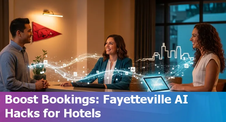 Hotel front desk using AI chatbot on a laptop with Fayetteville Razorbacks poster visible.