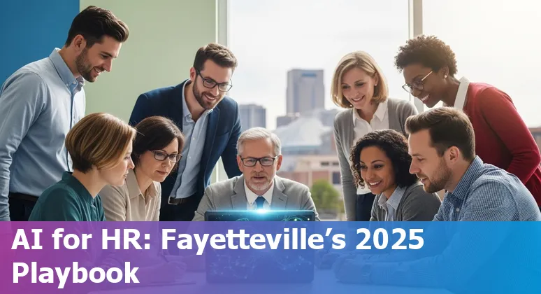 HR professional using AI tools in an office with Fayetteville, Arkansas skyline visible on screen