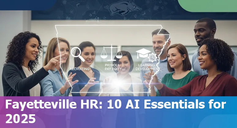 Collage of AI HR tools logos with Fayetteville, Arkansas skyline and icons for recruiting, payroll, learning, and analytics.