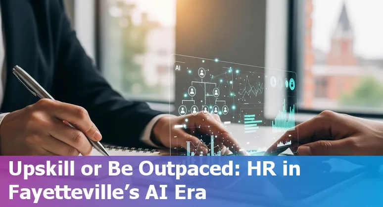 HR professional reviewing AI tools with Fayetteville, Arkansas skyline in background