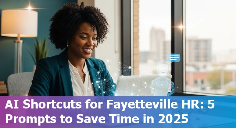HR professional using AI prompts on a laptop with Fayetteville skyline in the background