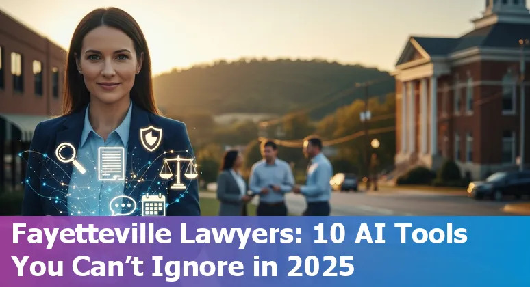 Fayetteville attorney using AI tools on a laptop with legal documents and the Arkansas skyline in the background.
