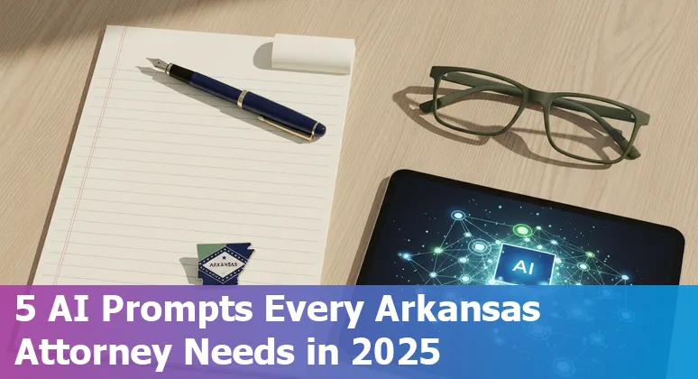 Lawyer using AI prompts on a laptop with Arkansas map and legal books in Fayetteville office