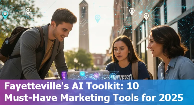 Fayetteville marketer using AI tools on laptop with University of Arkansas campus in background