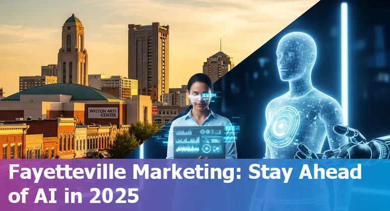 Fayetteville, Arkansas marketer using AI tools with Moxy Fayetteville hotel and local storefront in the background