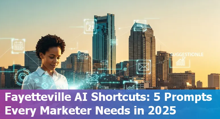 Marketing professional in Fayetteville using AI prompts on a laptop with Fayetteville skyline in the background