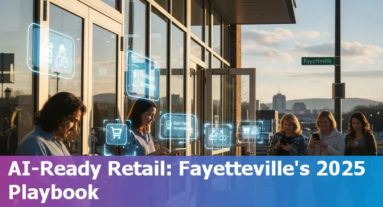 Retail AI concepts and tools in Fayetteville, Arkansas in 2025 — shopfront with AI icons and local map.