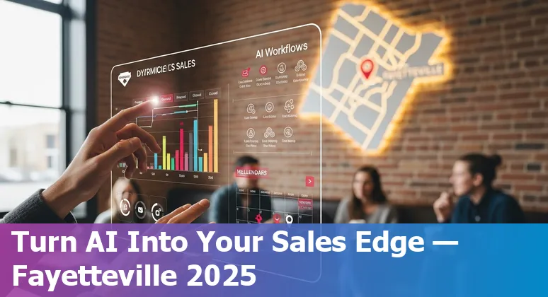 Sales professional using AI tools in Fayetteville, Arkansas in 2025, with local tax and compliance resources visible.