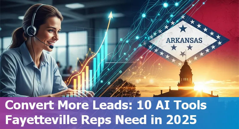 Sales professional using AI tools on laptop with Fayetteville, Arkansas skyline in background