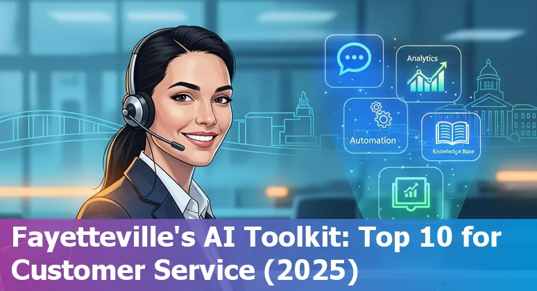 Collage of AI chatbots and customer service tools overlaid on Fayetteville, NC landmarks like Fort Liberty and downtown.