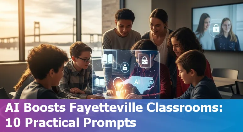 Educators using AI tools in a Fayetteville classroom with FTCC logo and sample prompts on screen