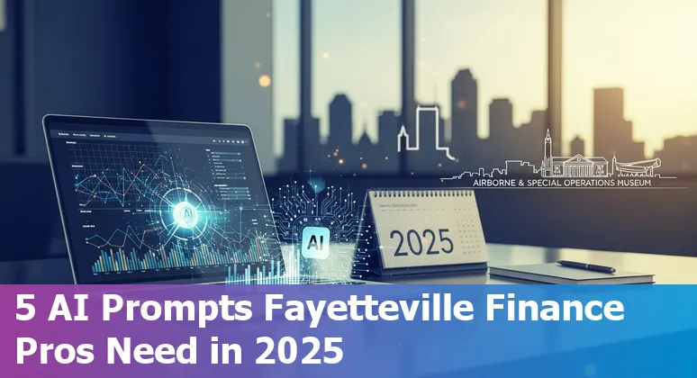 Finance professional using AI prompts on a laptop with Fayetteville skyline in the background.