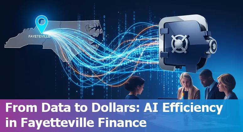 AI helping financial services in Fayetteville, North Carolina: bank data, automation icons, and local skyline