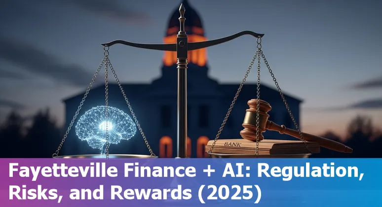 AI in financial services illustration featuring Fayetteville, North Carolina skyline and fintech icons