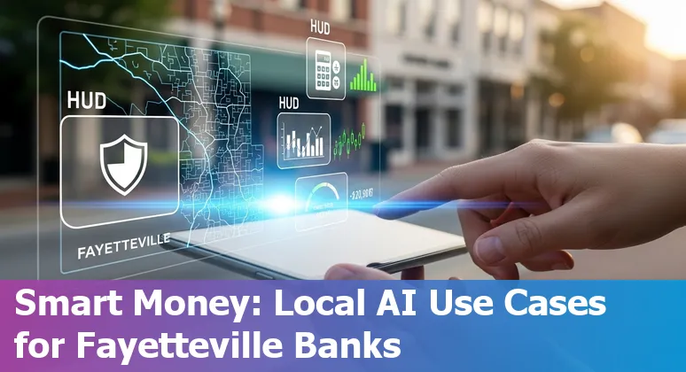 Fayetteville NC skyline with icons for AI, banking, budgeting, and security.