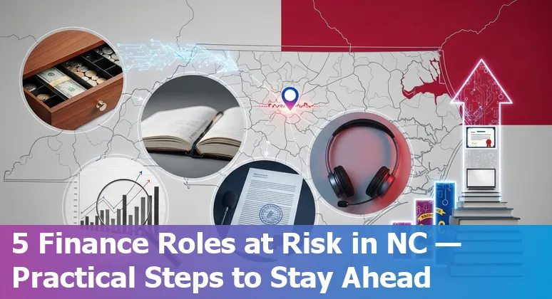 Fayetteville financial services workers adapting to AI: bank teller, bookkeeper, analyst, call-center agent, lender with training resources.