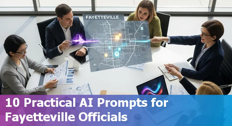 Fayetteville city hall staff reviewing AI use-case diagrams and prompts on a laptop, with North Carolina map overlay.