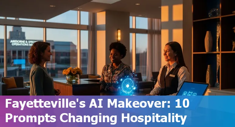 Hotel front desk tablet showing an AI virtual concierge handling Fayetteville local recommendations near Walton Arts Center.