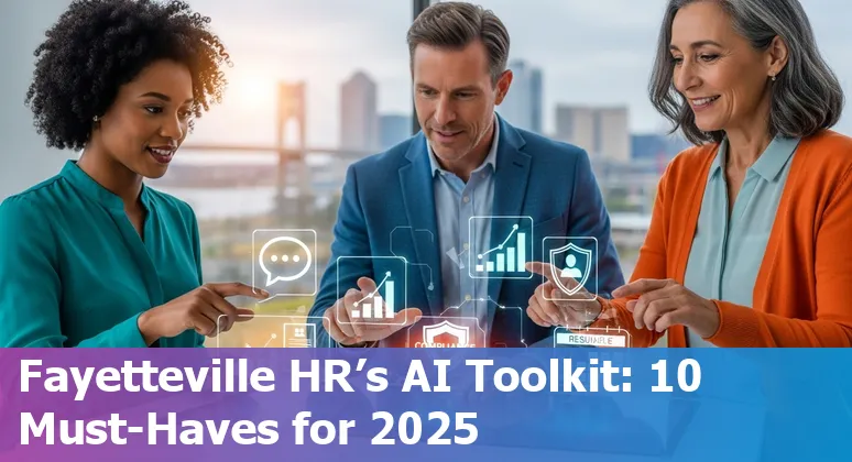Fayetteville HR professional reviewing AI HR tools on a laptop with Fayetteville skyline in background